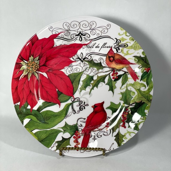 Poinsettia cardinal Christmas melamine dinner plates set of 4 - Picture 3 of 10